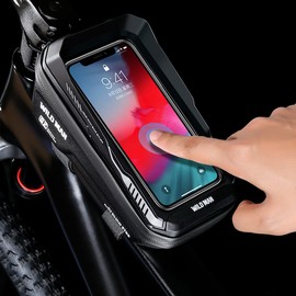 WILD MAN Rainproof Bike Front Frame Phone Holder Type Bike Bag with Touch Screen for Mountain Road Bike MTB Cycling (XT2,Twill)