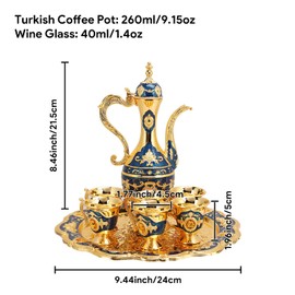 Hapivida Vintage Tea Set, Metal Luxury Tea/Coffee Cup Set with Golden Trim Beautiful Tea Set with Teapot Coffee Serving Vintage Turkish Coffee Pot Set for Home Bar, Tea Party (Blue)