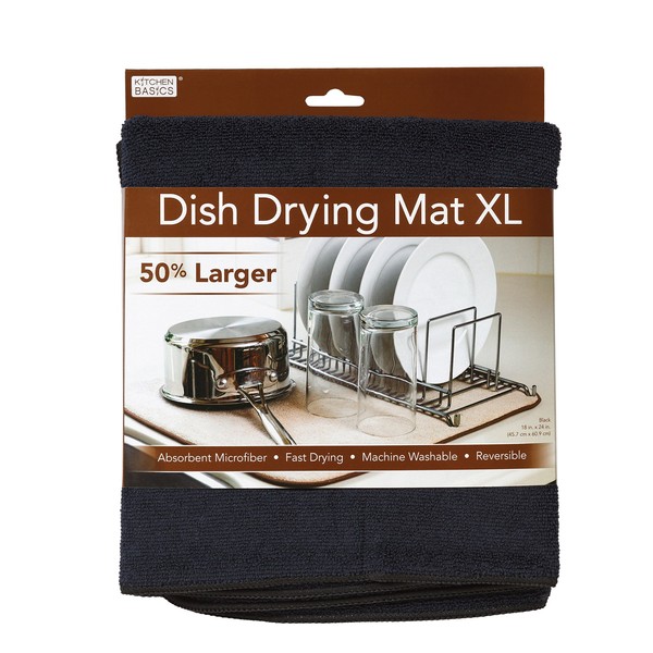 Kitchen Basics Dish Drying Mat XL for Kitchen, Absorbent, Reversible Microfiber Dish Mat, 18 Inch x 24 Inch, Black