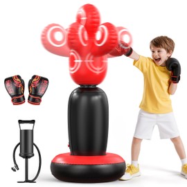 QPAU 360° Rotatable Kids Punching Bag - 64" Boxing Bag with 4 Targets & Kids Boxing Gloves, Inflatable Punching Bags with Hand Pump, Karate Taekwondo Training Christmas Birthday Gift Boys Girls