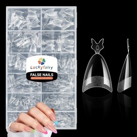 Luckyfairy Almond Nail Tips, 504PCS Pre Etched Half Cover Fake Nails Tips, 12 Sizes Medium Almond Shape Clear Soft Natural Acrylic Press On Gel Nail Extensions DIY Salon