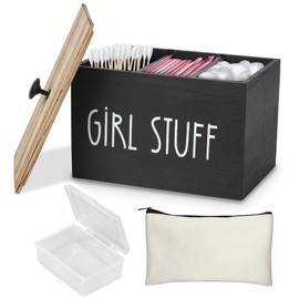 JUJOYBD Cotton Pad Dispenser 3 Compartments with Wooden Lid, Tampon Holder, Girls' Storage, Bathroom Organiser for Tampons, Cotton Buds, Cotton Pads, Cotton Balls, Including Makeup Bag