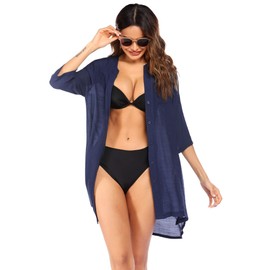 Ekouaer Bathing Suit Cover Up for Women V Neck Button Down Swimsuit Coverup Beach Dress Shirt Navy Blue