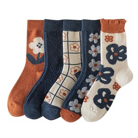 FORJMMP 5/10 Pairs Wool Socks for Women Thick Knit Vintage Cute Floral Crew Socks (5 Pairs-Blue Flowers)
