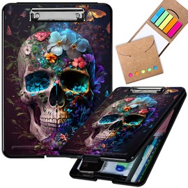 Plastic Clipboard with Storage & Sticky Notes, Portable Clipboard with Pen Holder A4 Clip Board Job Box Writing Board Nursing Clipboard Folio Coaching Clipboard Black, Flower Butterfly Skull