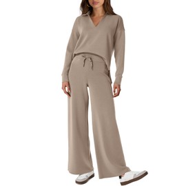 Glamaker Women's 2 Piece Sets Outfits Casual Loose Long Sleeve Polo Top and Wide Leg Pants Matching Sweat Sets (Camel S)