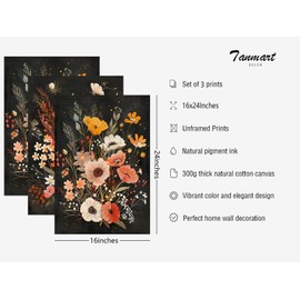 Moody Floral Wall Art Dark Academia Canvas Prints Vintage Botanical Wall Decor Black Flower Pictures Moody Wildflower Painting Cottagecore Artwork for Bedroom Living Room 16x24 Inch Unframed Set of 3