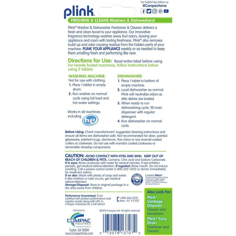 Compac Home Plink Appliance Freshener, Dishwasher, Washing Machine Cleaner, Water