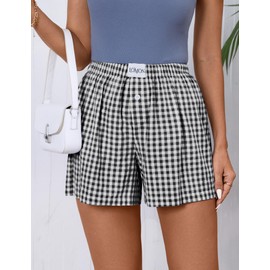 LOMON Womens Boxer Shorts Casual Summer Cotton Pajama Lounge Sleep Pj Gingham Plaid Shorts Y2K Beach Bottoms (Black White Plaid M)