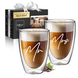 ElbFuchs Double-Walled Latte Macchiato Glasses Mr & Mrs 2 x 350 ml [Ideal as a Wedding Gift] Thermal Glasses for Cappuccino Coffee Glasses Tea Glasses
