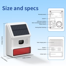 XUK Solar Motion Sensor Alarm - 100dB Siren with 11 Alerts, 12m Sensing Distance, IP65 Waterproof, 4 Modes, Security for Home, Villa, Farm, Barn – Deter Intruders Instantly