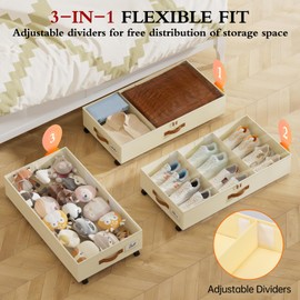 Yecaye Under Bed Storage with Wheels, 2Pack Under Bed Storage Containers, Under Bed Shoe Storage with Dividers & Clear Window, Underbed Storage Bins, Rolling Under Bed Drawers for Clothes, Shoes, Toys
