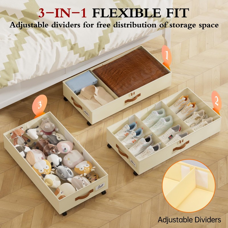 Yecaye Under Bed Storage with Wheels, 2Pack Under Bed Storage
