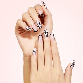 24Pcs Leopard Print Cool Press On Nails Medium Square Reusable Solid Fake Nails Stick on Nails Glue on Nails Acrylic Nails Spring Summer Exquisite Static False Nails with Designs for Women 1316