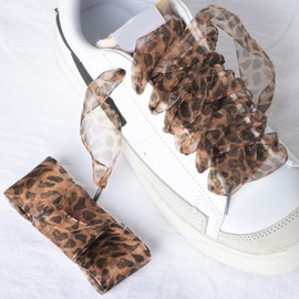 Olukssck Fashion Leopard Print Shoelaces, 4CM Wide Ribbon Shoe Laces for Women, Cute Satin Silk Patterned Laces Decorative Shoe Strings for Sneakers, Brown Leopard, 55inch(140 cm)