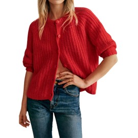 Bianstore Women's Casual Long Sleeve Crewneck Button Down Cardigan Sweater Knit Outwear(Red-M)