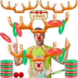 Narremcoy 4 Pack Inflatable Reindeer Antler Ring Toss Game - Christmas Themed Party Game - Funny Reindeer Hat Ring Toss Game for Xmas Party - 4 Inflatable Antlers, 24 Rings(Ages: 4 Years & Up)