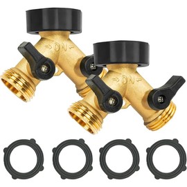 2 Pack Brass Garden Hose Splitter 2 Way, Hose Y Splitter 3/4 Inch Heavy Duty Brass Hose Connector Tap Splitter, Hose Spigot Adapter 2 Valves with Rubber Washers - Colour: 2 Pack