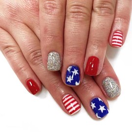 4th of July Press on Nails Short Square Fake Nails Independence Day False Nails with Designs American Flag Stars Glossy Full Cover Acrylic Glue on Nails Glitter Stick on Nails for Women Manicure