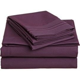 Cathay Home Luxury Soft Microfiber Sheet Set with Embroidered Pillow Cases, Queen, Eggplant