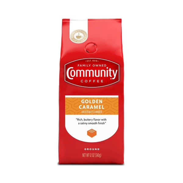 Community Coffee Golden Caramel Flavored Medium Roast Premium Ground 12 Oz Bag, Medium Full Body Smooth Buttery Taste, 100% Select Arabica Coffee Beans