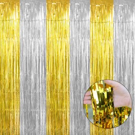 Gold Backdrop Silver Backdrop Photo Foil Fringe Curtain Birthday Decorations Backdrop Curtain Streamers Gold Streamers Backdrop for Birthday Photo Booth Graduation Decoroations 2025 Silver Backdrop