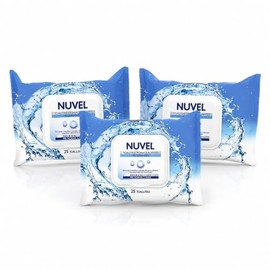 3 Pack Nuvel Toallitas Desmaquillantes Hidratantes para Rostro y Ojos, 3 Pack (25 pz cu) | Para Piel Normal y Mixta | Almohadillas Faciales Tipo Kit de Viaje | Toallitas de Limpieza Facial