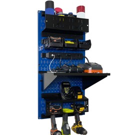 Wall Control Power Tool Storage Organizer Kit Cordless Drill Holder Charging Station Rack 16” x 32” Metal Pegboard Organization System (Blue Pegboard)