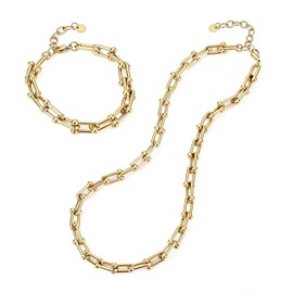 KAGREC 18K Gold-Plated Chunky Paperclip Necklace Bracelet Set for Women – Stainless Steel Cuban Link Chain Jewelry, Waterproof & Tarnish Resistant, Adjustable Statement Fashion Accessories