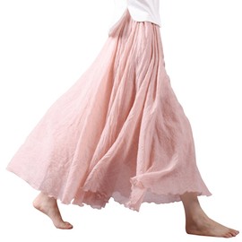 Kafeimali Women Bohemian Cotton Linen Double Layer Elastic Waist Long Maxi Skirt (P, 95CM-Length)