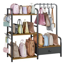Purse Organizer for Closet, with Bottom Drawer, Extra Large Capacity 3 Tier Handbag Storage Rack for Women, 10 Purse Hanger and Hooks for Bag Organizer, Floor-Standing, Home, Living Room (Black)