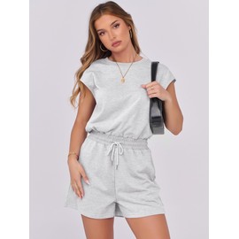 ANRABESS Rompers for Women Summer 2025 Casual Cap Sleeve Crewneck Drawstring One Piece Jumpsuit Outfits with Pockets Light Grey Large