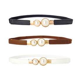 FDEETY Women's 3-Piece Vintage PU Leather Belt, Elastic Waist Belt with Beads Buckle, Perfect for Dresses and Coats (Black + Brown + White), Black, brown, white