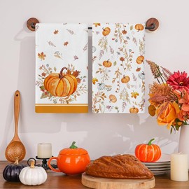 RABUSOFA Orange Leaves Pumpkin Fall Kitchen Towels Dish Towels, 18x26 Inch FarmhouseThanksgiving Decoration Hand Towels Set of 2