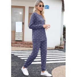 PrinStory Womens Pajama Set Long Sleeve Tops And Pajama Bottoms For Women With Pockets Sleepwear Nightwear Soft Pjs Lounge Sets (Dot Navy Blue, L)