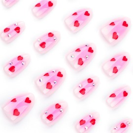 Valentines Press on Nails Short Almond Heart Fake Nails with Rhinestone Design Glossy Nude False Nails Valentines Glue on Nails Cute Heart Acrylic Nails for Women Girls Nail Art Decoration 24Pcs