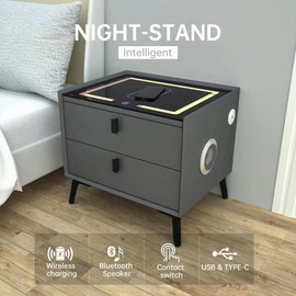 Smart Nightstands with Wireless Charging Station, USB Port, Nightstand with 3 Color LED Lights and Speaker, Modern Wooden End Side Table for Bedroom, Dorm, 2 Storage Drawers