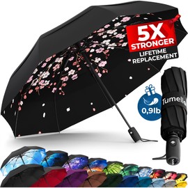 TUMELLA Strongest Windproof Travel Umbrella (Compact, Superior & Beautiful), Small Strong but Light Portable and Automatic Folding Rain Umbrella, Durable Premium Grip, Fits Car & Backpack Black Pink