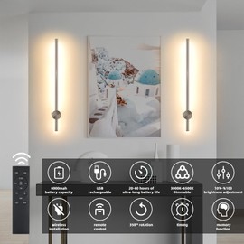 Battery Operated Wall Sconces with Remote, Dimmable 3000K-6000K/Timer/Memory LED Wall Lamp, 350°Rotate, USB Rechargeable Wireless wall lights for Living Room, Bedroom Brushed Nickel 23.6" (2 Pack)