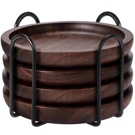 MAPRIAL Wood Coasters Set of 4 with Holder, 4 Inch 100% Natural Walnut Wooden Drink Coasters for Housewarming Gifts New Home, Gifts, Wedding, Coffee Table, Office, Home Decor, Bar, Christmas