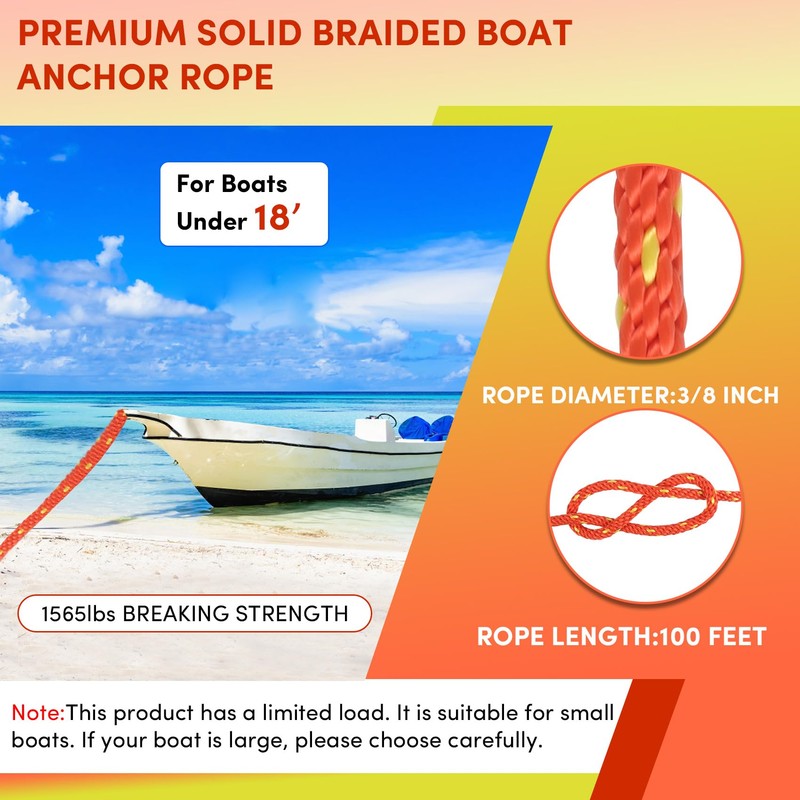 Premium Anchor Rope 100 ft x 3/8 inch, Solid Braid