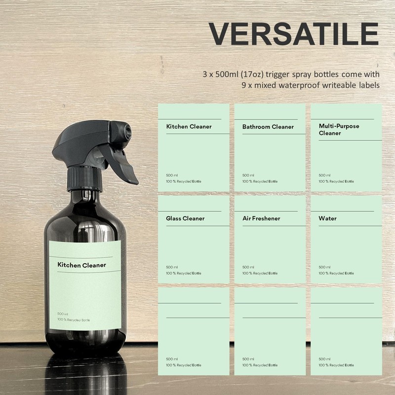 Recycled Plastic Spray Bottles 3 x 500ml with 9 x