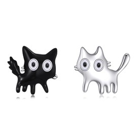 Cat Stud Earrings Sterling Silver Black White Cat Studs Earrings Cute Animal Earrings Jewelry Gifts for Women