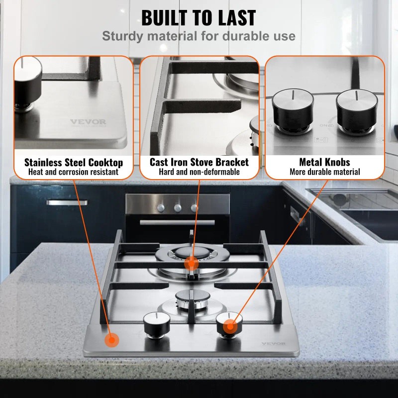 12-Inch Gas Cooktop 2 Burners Built-In Stainless Steel Dual Fuel