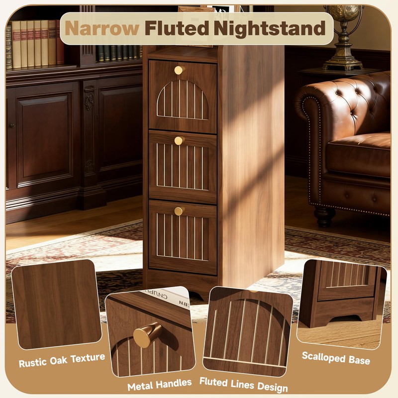 WINWY 7.87" Narrow Nightstand Set of 2, Fluted Slim Bedside