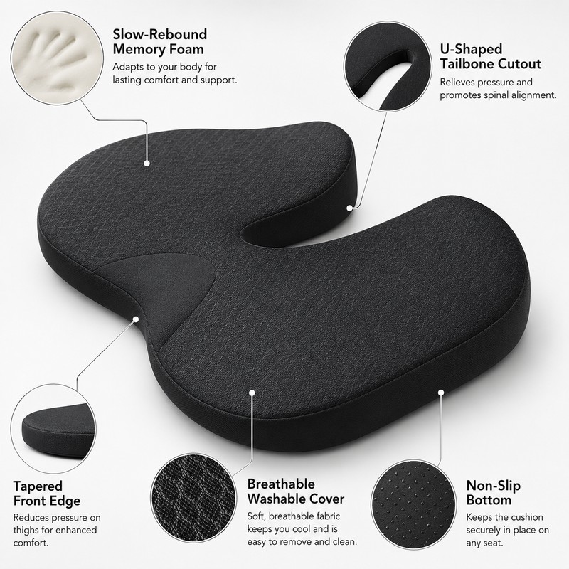 Memory Foam Seat Cushion for Chair Comfort – Non-Slip U-Shaped