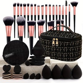 Set de Brochas de Maquillaje Profesional 47 Piezas, 25 Brochas de Maquillaje Profesional y 21 Esponja de maquillaje, con Estuche de Tela Elegante Negro y Dorado