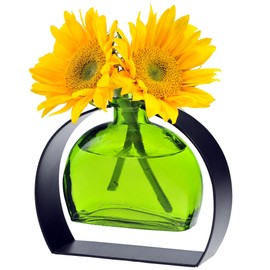 Couronne Co. Fiji Recycled Glass Flower Vase with Arched Metal Stand, Removable Vessel for Floral Arrangements, Decorative Table Centerpiece for Home, Kitchen & Desk Decor, 6 oz, Lime Green