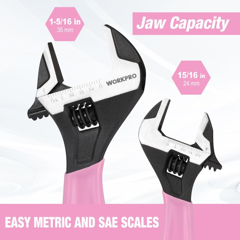 WORKPRO 2-piece Pink Adjustable Wrench Set, 6-Inch & 10-Inch Wrenches,