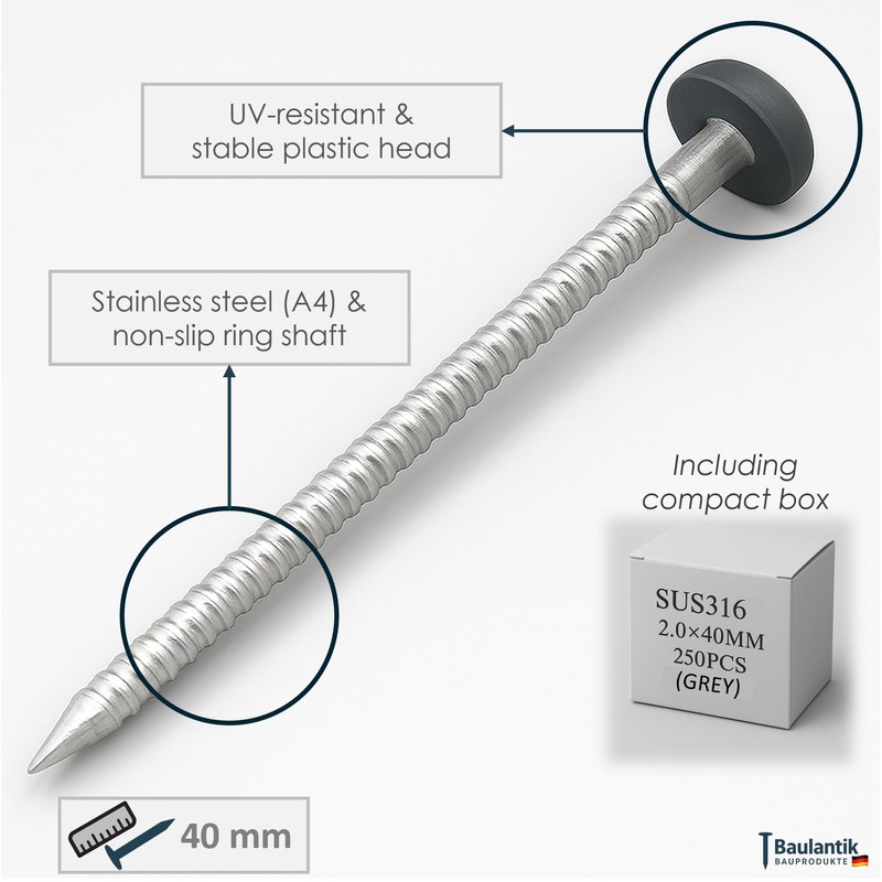 40mm Poly Top Pins / Nails (Pack of 250) Stainless